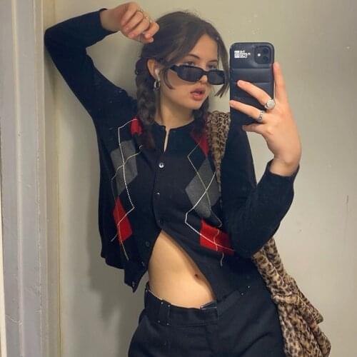 Cardigan woman sweater women 2021 Retro navy blue diamond knit cardigan womens short kawaii sweater Crop Cardigan sweaters y2k