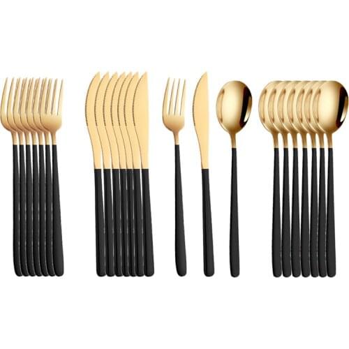 24pcs Black Gold Cutlery Set 304 Stainless Steel Dinner Fork Knife Spoon Dinnerware Set Silverware Tableware Kitchen Utensils