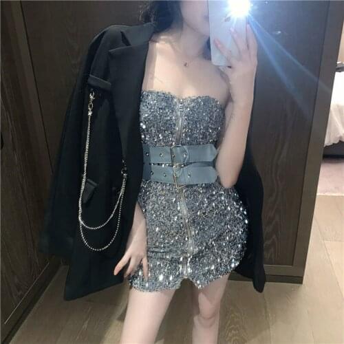 Sexy Glitter Tube Top Elegant Dress Internet Celebrity Waist Zipper Sheath Dress Women 's