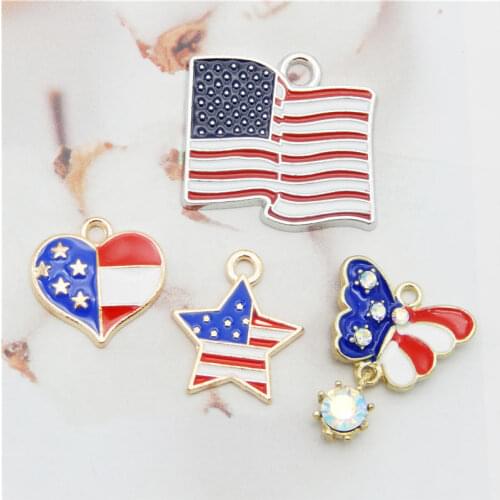 Julie Wang 8PCS Enamel American Flag Charms Star Heart Rectangle Butterfly Shape Alloy Pendant Bracelet Jewelry Making Accessory