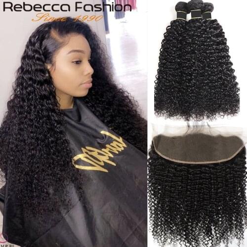 Rebecca Kinky Curly Human Hair Bundles With Closure 3 Bundles With Frontal Peruvian Hair Bundles With Closure Transparent Lace