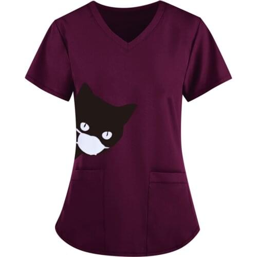 Cat Print Nurse Uniform Scrubs Womens Cute Print Short Sleeve V-neck Top Work Uniform Solid Color Pocket Top Nurse Accessories