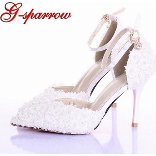 3 Inches White Pink Lace Bridal Shoes Pointed Toe Pumps Ladies Platform Bridal Shoes Ankle Strap Stiletto Heel Bridesmaid Shoes