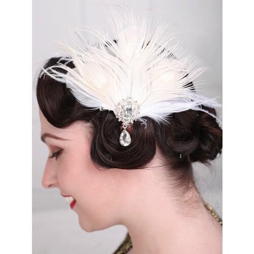 Vintage Champagne Feather Bride Fascinators Rhinestone Head Jewelry Wedding Clips Mesh Veil Cocktail Party Headwewar for Women