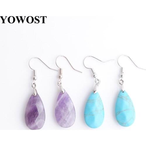 Hanging Dangle Earrings For Women Fashion Jewelry Multifaceted Beads Natural Stone Amethysts Crystal Turquoises Opal QBR334