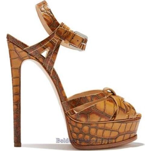 Fashion Sella Brown Thin High Heel platform Sandals Woman Peep Toe Back Strap Buckle Designer Summer Dress Shoe 14cm heels