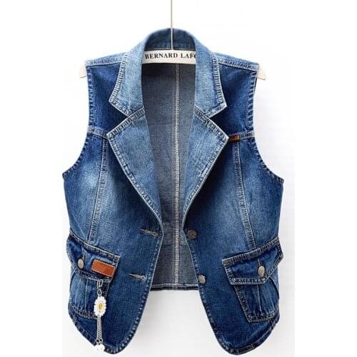 Korean Summer Dark Blue Denim Vest Women Waistcoat Casual Sleeveless Jacket Coat Vintage Big Size Slim Short Jeans Vests Female