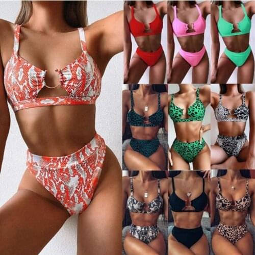 2021 Women Sexy Bikini Swimsuit Halter Neck Split Sling Leopard Print Open Back High Waist Bikini Beachwear Metal Ring Swimwear