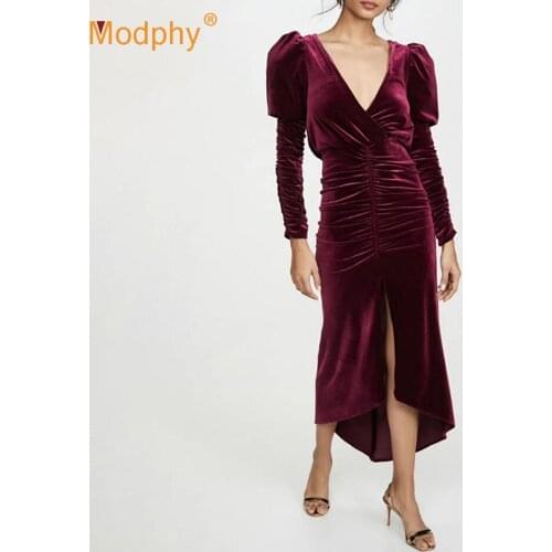 Sexy V-Neck Bubble Long-Sleeved Belt Pleated Velvet Split Dress 2020 Autumn New Bodycon Club Party Mid-Length Dress Vestidos