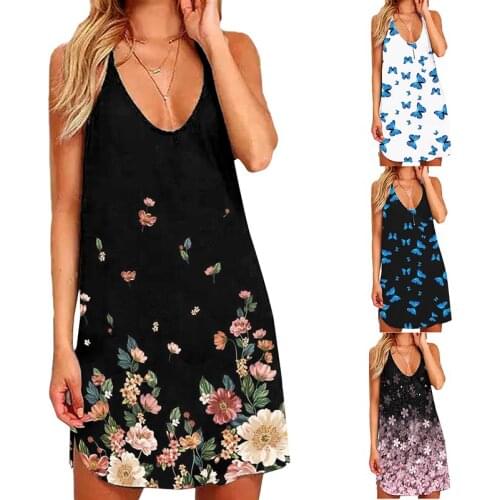 Womens Summer Beach Boho Butterfly Print Halter Neck Sleeveless Dress Casual A-Line Off Shoulder Sleeveless Casual Streetwear