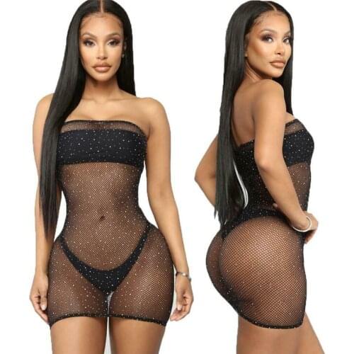 Women Crystal Crochet Strapless Off Shoulder Bodycon Dress Bikini Cover Up Sexy Mesh Sheer Fishnet See Through Bikini Cover Ups