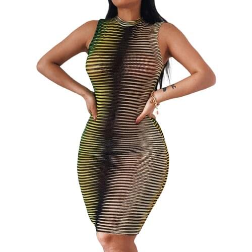 Women Sleeveless Dress with Chic Horizontal Stripe Elastic Pattern, Ladies Sexy Style Skinny Fit Summer Bodycon Clothing,S/M/L