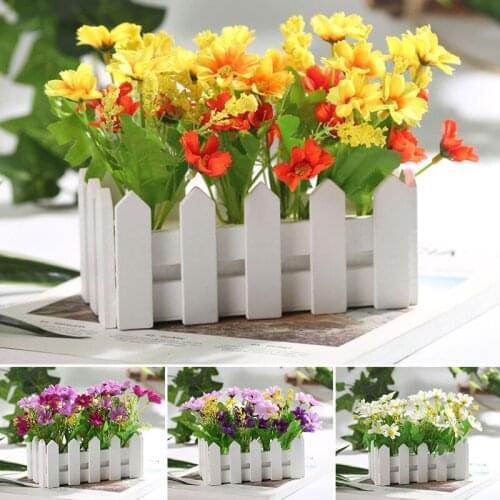 1 Set White Wooden Fence Artificial Flower Floral Artificial Plants Holder Home Garden Decor Ornament