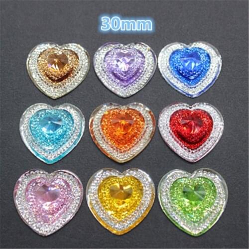 10PCS 30mm Mix Colors Cute Resin Bling Rhinestone Heart Flatback Cabochon DIY Jewelry/Craft Decoration