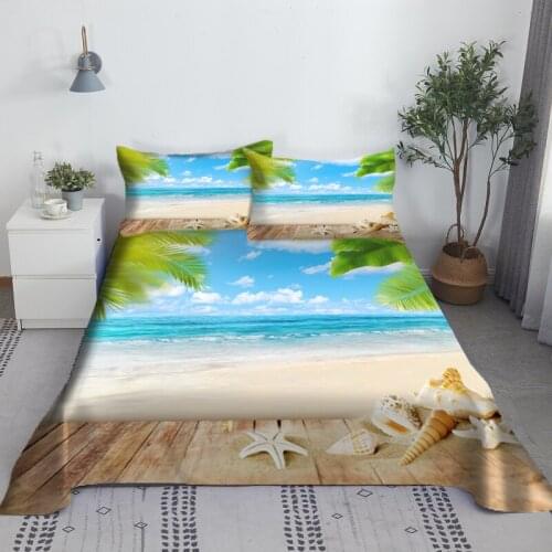 Beach Scenery Bed Sheet 2-3pcs Set Digital Printing Shell And Conchs Polyester Bed Flat Sheet With Pillowcase Bedding King Size