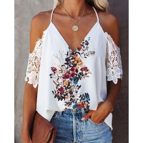 2021 Summer Blouse Top Women Hollow Out Lace Patchwork Short Sleeve Spaghetti Strap V Neck Sexy Blousa Women Casual Loose Top