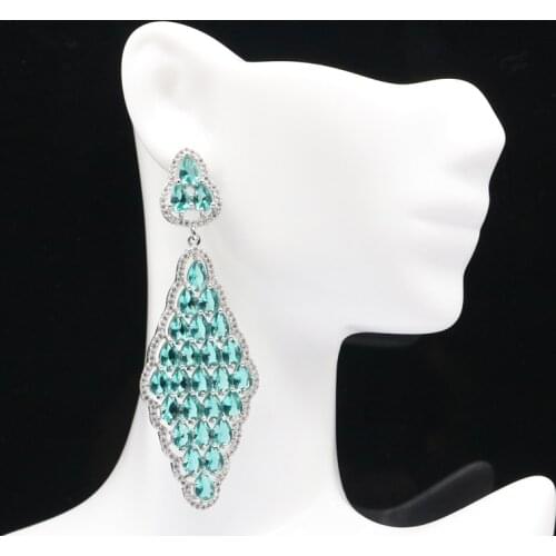 73x25mm SheCrown Long Big 16g Jewelry Set Created Blue Aquamarine Cubic Zircon For Women Bride Wedding Silver Earrings Pendant