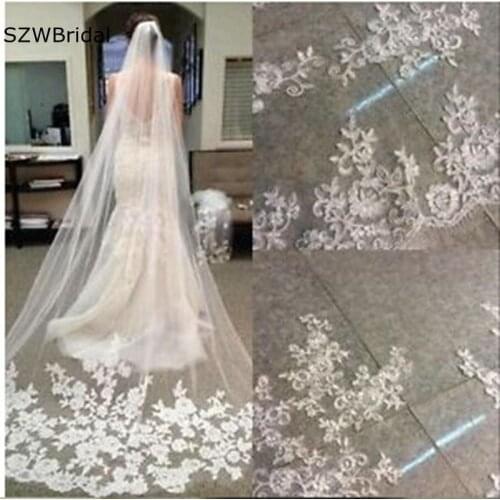 Free Shipping Long Bridal Veil with Comb Lace Appliqued Edge Tulle 3 Meter Bride Veil One Layer Wedding Accessories 2021 Welon