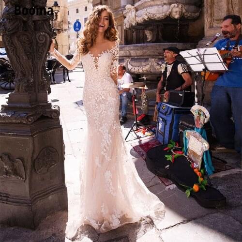 Booma Exquisite Wedding Dress Mermaid with Lace neckline Long Transparent Sleeve Light Pink Bridal Gown Custom Made Plus Size
