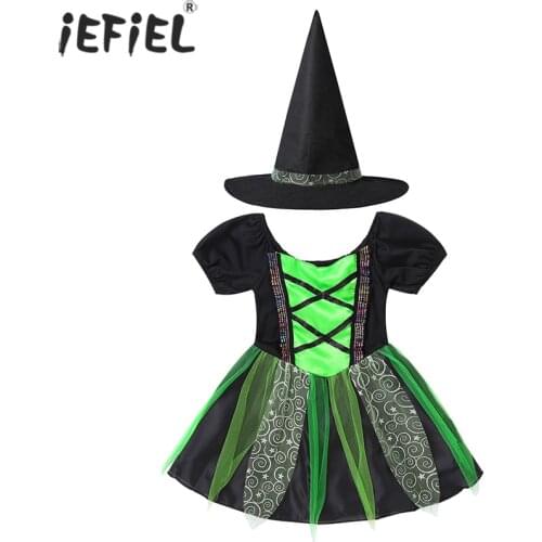 Kid Girl Witch Costume Shiny Gilttering Star Square Neck Mesh Tutu Dress and Pointed Hat Set Halloween Carnival Cosplay Dress Up