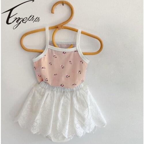 Engepapa Korean Style Suspender Print Vest+Lace Skirt Suit Summer Infant Baby Girls Clothing Suit Toddler Girls Clothing Sets