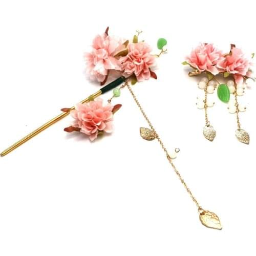 Ethnic Pink Bridal Lace Floral Earings Hair Stick With Tassel Chinese Style Headpiece Vintage Jewelry Wedding Hair Accessories
