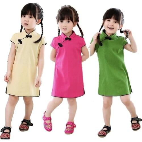 Chinese New Year Baby Girls Chi-Pao Dress Kids Traditional Qipao Candy Solid Children Cheongsam Linen Girl Clothes Jumper Blouse