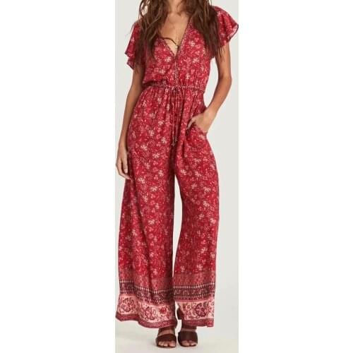 Summer Comfort Cotton Red Retro Ethnic Style V-Neck Loose Straight Belt Single Breasted Jumpsuits Bohemia for Women Plus Size