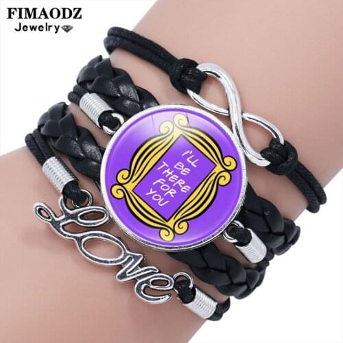 FIMAODZ Friends TV Show Leather Bracelet Infinity Love Handwoven Glass Button Yellow Door Frame Bracelets for Men Women Gift