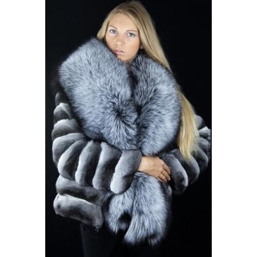 FURSARCAR 2020 Fashion Chinchilla Jacket Natural Rex Rabbit Fur Coat With Big Silver Fox Fur Collar Thick Warm Winter Fur