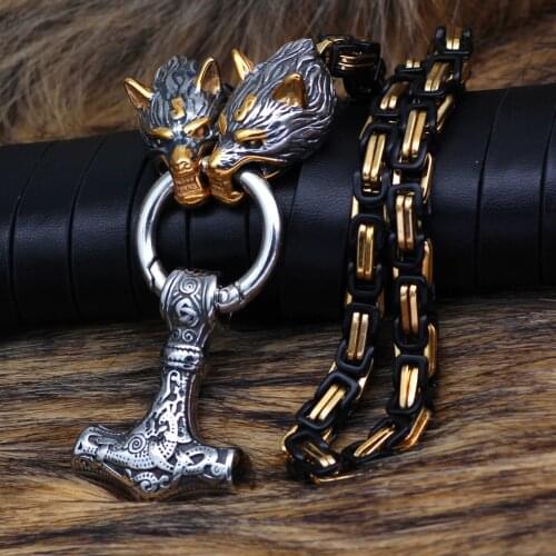 Nordic Men Stainless Steel Wolf Head Viking Amulet Thor Hammer Pendant Necklace Viking King Chain GOld and Black Chain