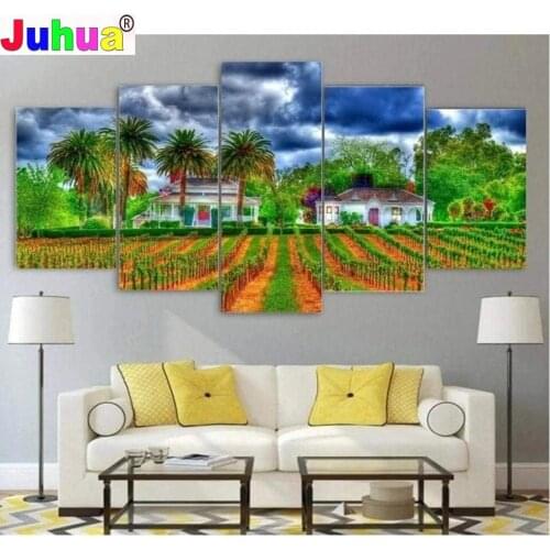 Full Square diamond painting cross stitch Rural Hose landscape diamond embroidery 5 Piece set mosaic wall Modern decor