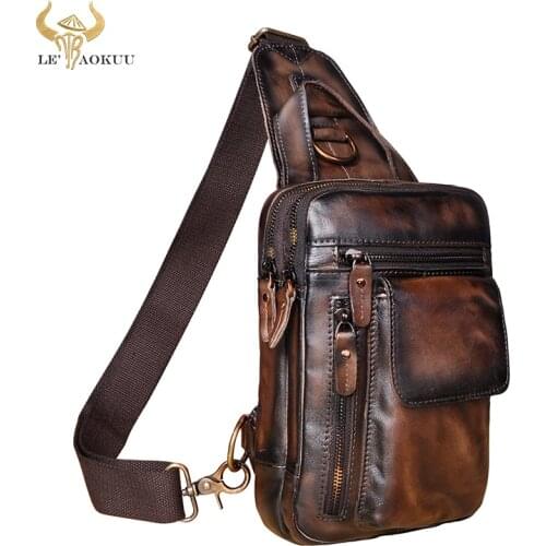 Men Genuine Cow Leather Fashion Coffee Sling Chest Bag Design Travel Triangle Cross-body Bag Daypack 8" Tablet Tea Male B574