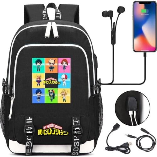 New Cute Anime My Hero Academia Prints USB Boy Girl Kids Book School Bags Teenagers Student Women Men Laptop Travel Backpack