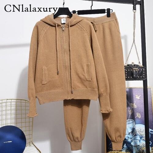 Autumn Two Piece Set Women Hooded Loose Zip Jacket Coat Knitted Sweater + Casual Tracksuit Little Feet Knit Pants Set Winter