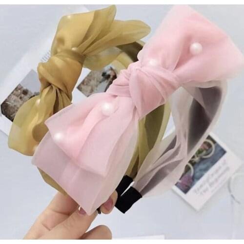 Big Mesh Lace Bow Pearl Hairband for Women Girls Spring Summer Simple Hair Band Hoops Solid Color Wide Headband Headwear