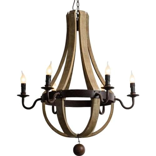 Industrial Vintage Wrought Iron Metal Iron Wood Candelabra Chandelier 6 Lights Wood Ball Free Shipping
