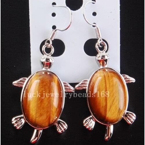 Free Shipping Women Fashion Jewelry 21x32mm Tigers Eye Turtle Bead Dangle Earrings Pair C4184