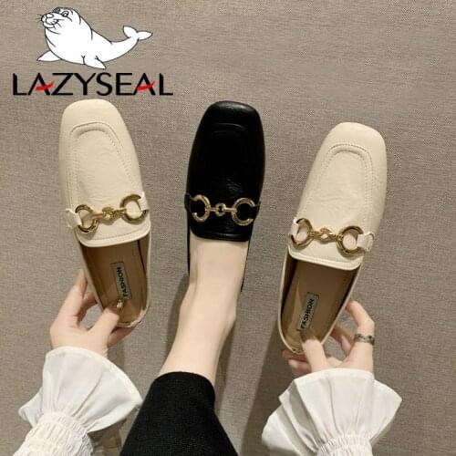 LazySeal Flat With Mules Women Slides Metal Buckle Slippers Summer Muler Ladies Breathable Shoes Sandals Female Shoes Woman