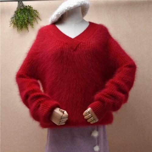 Ladies women fashion red autumn winter clothing hairy mink cashmere knitted long sleeve v-neck loose pullover angora fur sweater