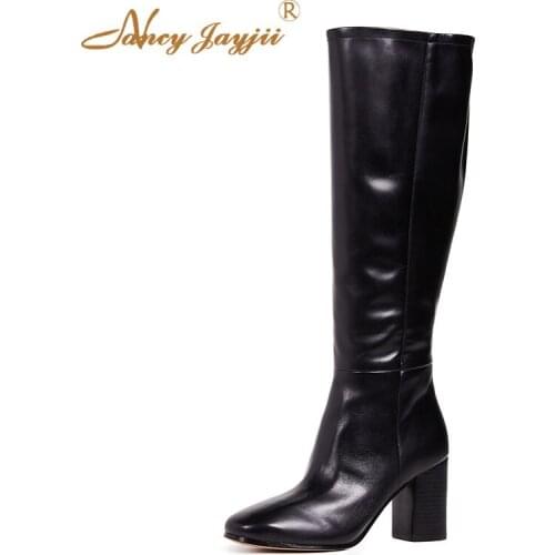 Black Reese Woman Knee High Boots Female Ladies Shoes Block Heels Chunky Side Zipper 2021 Winter Autumn Plush Dress Size 45 44