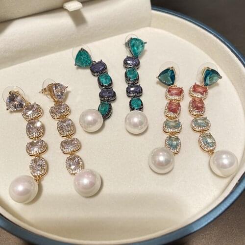 High Quality Temperament Cubic Zircon Colorful Crystal Long Tassel Pearl Earrings 2021 Trend Long For Women Jewelry Friends Gift