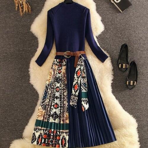 Seiwnibu Retro Print Pleated Dress Women Elegant Knitted Patchwork Long Midi Dress Autumn Winter Long Sleeve Vintage Belt Sashes
