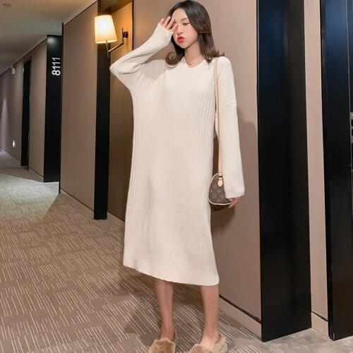 #2613 Casual Loose Hooded Sweaters Dresses Women Large Shize Long Sleeve Dress Female Autumn Winter Hoodie Knitting Clothing