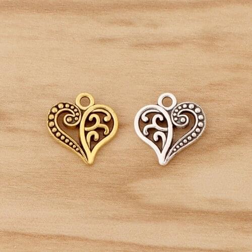 50 Pieces Tibetan Silver/Gold Hollow Heart Charms Pendants Beads for Bracelet Jewellery Making Accessories 14mm