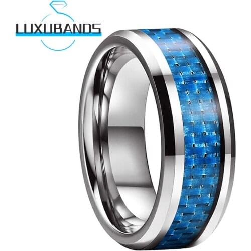 8MM Wedding Rings For Women Men Blue Carbon-Fiber Inlay Beveled Edges Polished Finished Comfort Fit