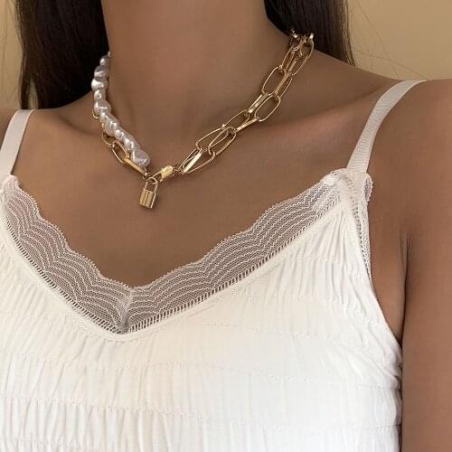 Goth Imitation Pearl Lock Pendant Necklace for Women Vintage Multi Layer Link Chain Necklace Punk Aesthetic Jewelry 2021