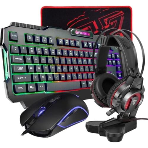 FANTECH All in 1 PC Gaming Set,Rainbow Backlit 104 Keys Keyboard Wired 4800DPI RGB Mouse Headphone with Headset Stand Mouse Pad