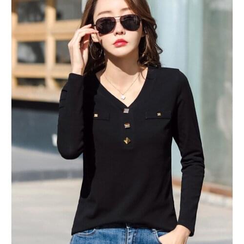 T Shirt Women Buttons Cotton Basic V-Neck 2021 Korean Style Woman Clothes Womens Long Sleeve Tops T-Shirt Tee Shirt Femme XXXL