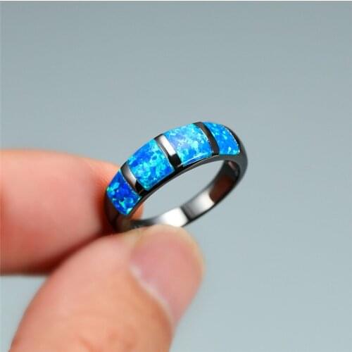 Blue Fire Opal Engagement Ring Boho Female Unique Round Finger Ring Vintage Black Gold Wedding Rings For Women Promise Jewelry